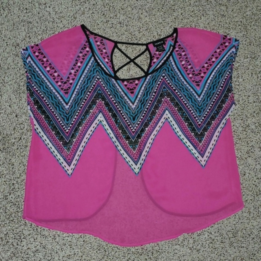 TORRID Strappy Open Back Pink & Black  Printed Blouse Top